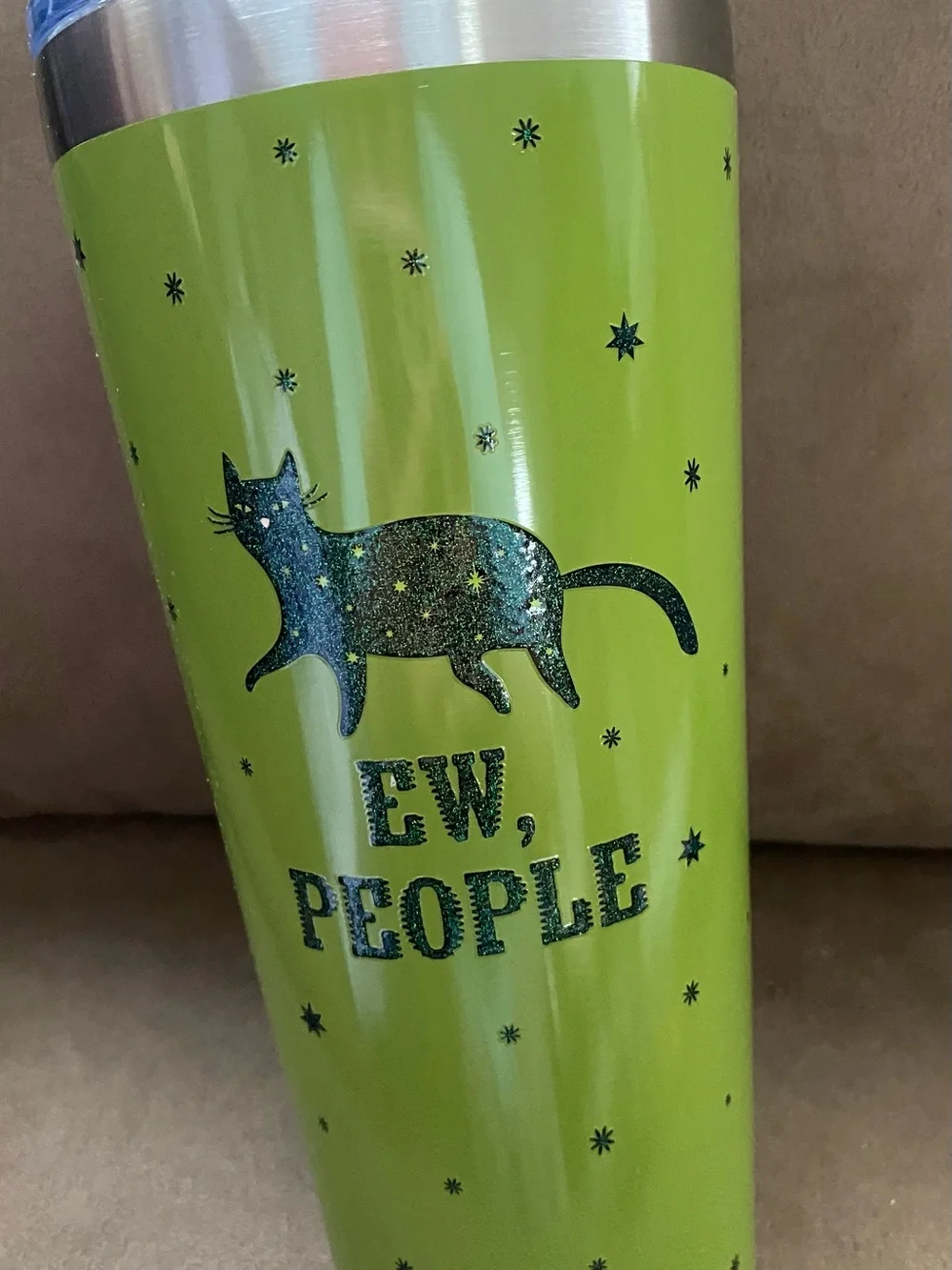 Cracker Barrel Lime Green Tumbler with Glittery Black Cat Graphic